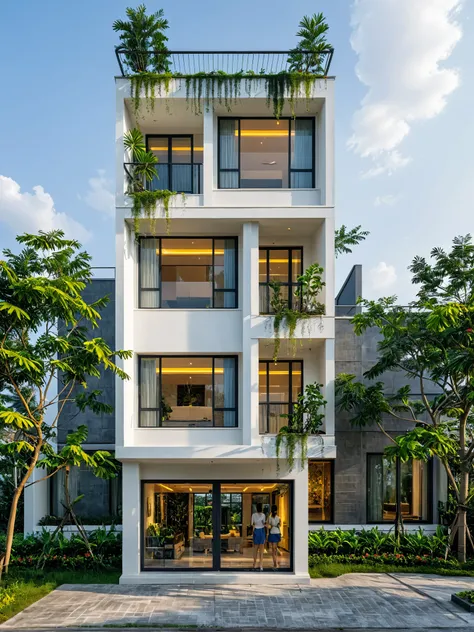 neo classical villa on street, tropical tree, vivid colour, streetcapes, black detail, white wall, large glass door, warm interior lighting, best quality,