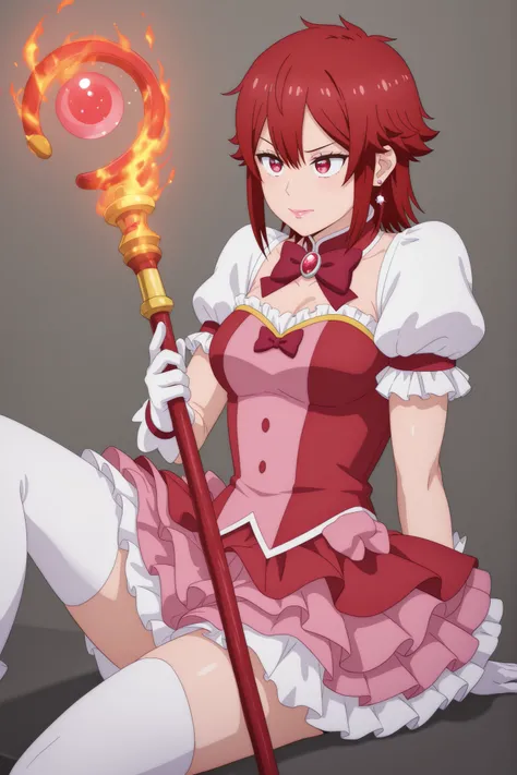 Tomo Aizawa , medium hair, red hair, medium breasts, earrings, pink lips , fire red eyes, muscle body, | solo, 1girl, magical girl outfit, puffed sleeves, layered skirt, thighhighs, gloves, bow, magical staff, sitting, legs tucked, amused expression, brigh...