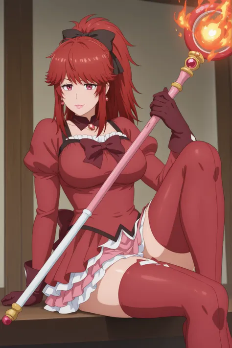 Akemi Aizawa, long hair, ponytail, fringe, red hair, large breasts, earrings, pink lips , fire red eyes, muscle body, | solo, 1girl, magical girl outfit, puffed sleeves, layered skirt, thighhighs, gloves, bow, magical staff, sitting, legs tucked, amused e...
