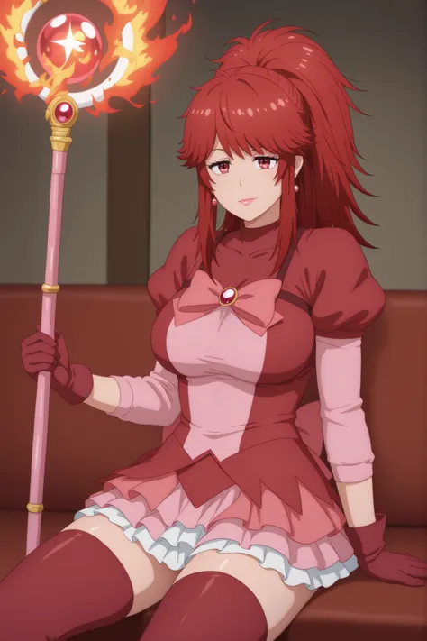 Akemi Aizawa, long hair, ponytail, fringe, red hair, large breasts, earrings, pink lips , fire red eyes, muscle body, | solo, 1girl, magical girl outfit, puffed sleeves, layered skirt, thighhighs, gloves, bow, magical staff, sitting, legs tucked, amused e...
