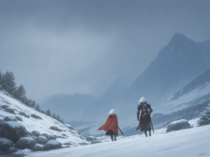 1girl, white hair, armor, cape, red cape, scabbard, sheath, from behind,
ruins, rock, bush, mountain, snow, snowing, storm, ice, winter, landscape, doorway, scenery, painterly, signature,
dynamic angle, distant view, windy