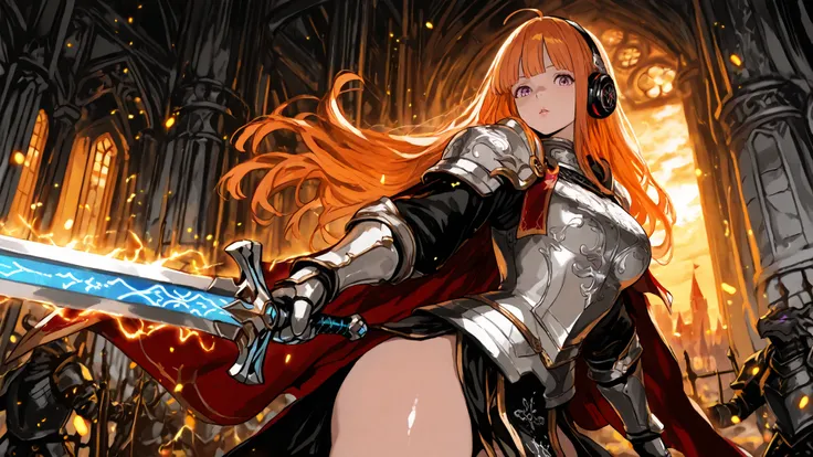 ultra highres, masterpiece, best quality, 1 girl, Futaba Sakura, confident pose, orange hair flowing, determined expression, piercing purple eyes, intricate silver plate armor with gold trim, form-fitting breastplate with detailed engravings of dragons, se...