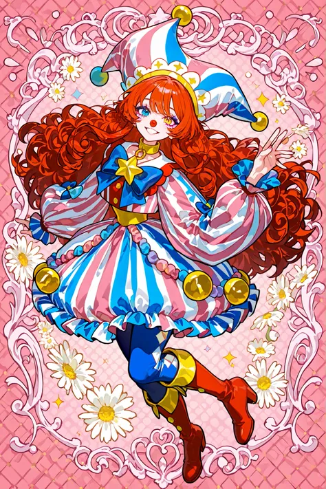 A sweet circus girl in energetic poses, cheerful emotions. The girl has fluffy kinky ginger hair hidden under a joker's clown hat. She has heterochromia. She has gap-toothed mouth with pink lips. She has pastel clown makeup with clown nose. She has freckle...
