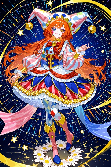 A sweet circus girl in energetic poses, cheerful emotions. The girl has fluffy kinky ginger hair hidden under a joker's clown hat. She has heterochromia. She has gap-toothed mouth with pink lips. She has pastel clown makeup with clown nose. She has freckle...