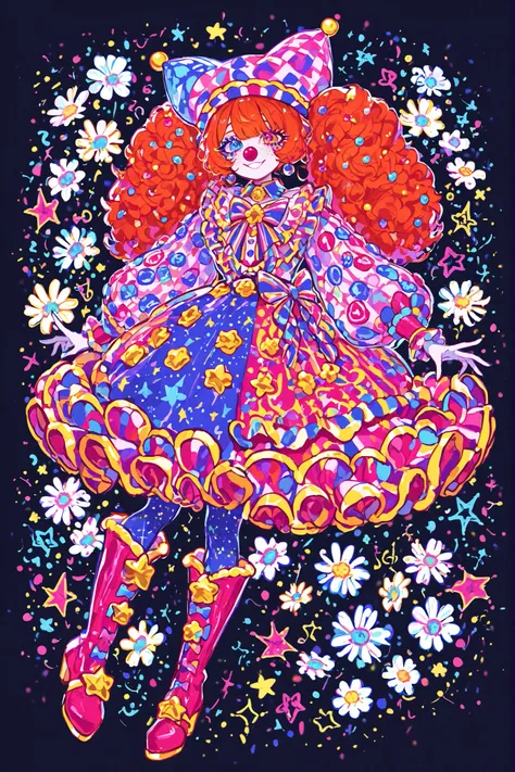 A sweet circus girl in energetic poses, cheerful emotions. The girl has fluffy kinky ginger hair hidden under a joker's clown hat. She has heterochromia. She has gap-toothed mouth with pink lips. She has pastel clown makeup with clown nose. She has freckle...