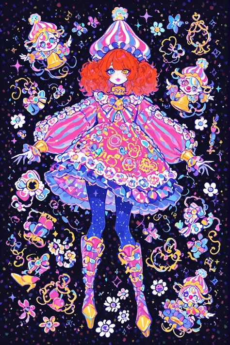 A sweet circus girl in energetic poses, cheerful emotions. The girl has fluffy kinky ginger hair hidden under a joker's clown hat. She has heterochromia. She has gap-toothed mouth with pink lips. She has pastel clown makeup with clown nose. She has freckle...