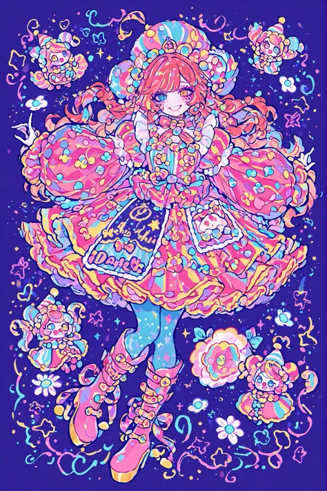 A sweet circus girl in energetic poses, cheerful emotions. The girl has fluffy kinky ginger hair hidden under a joker's clown hat. She has heterochromia. She has gap-toothed mouth with pink lips. She has pastel clown makeup with clown nose. She has freckle...
