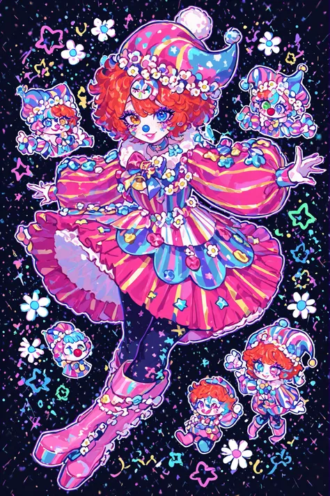 A sweet circus girl in energetic poses, cheerful emotions. The girl has fluffy kinky ginger hair hidden under a joker's clown hat. She has heterochromia. She has gap-toothed mouth with pink lips. She has pastel clown makeup with clown nose. She has freckle...