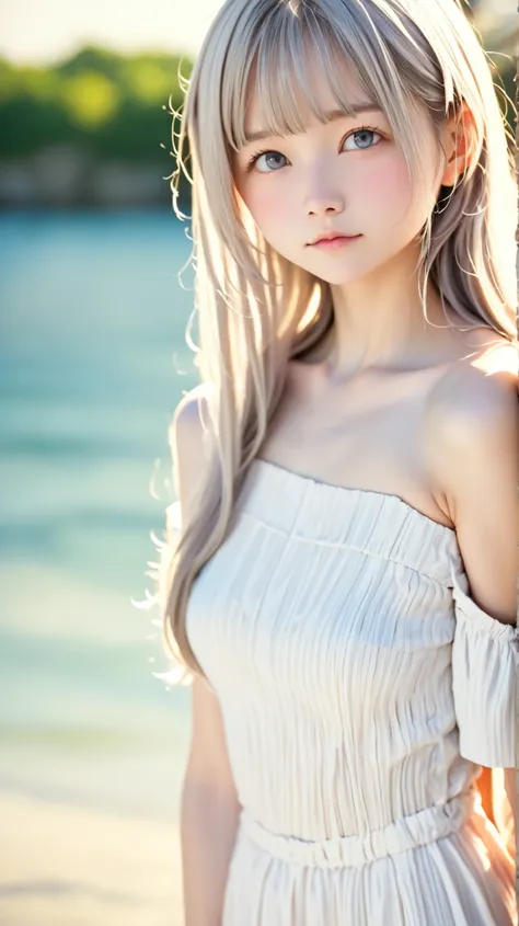 Highest Quality、masterpiece、portrait、幻想的なportrait、 perfect anatomy, Japanese girl , Childish expression、Alone、one girl before the evening、少し短い首:1.7, albino skin, (((grey hair, grey eyes, Straight Long Hair))) , Good breast size, white dress, Off-Should...