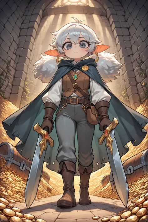 (CuteToon_ST,) The young guy is an adventurer. He has pale white skintone. he has ash-gray short fluffy hair. he has ivory eyes. He has a skinny male physique. He is a professional thief,a cheater,a scammer, a burglar, a trickster. he dressed in his clas...