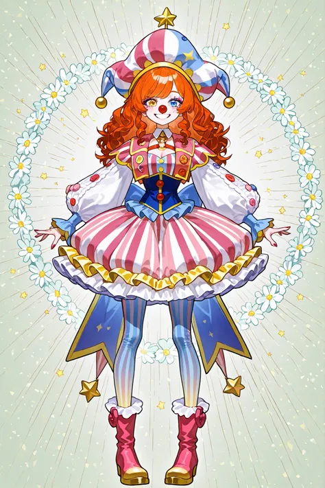 A sweet circus girl in energetic poses, cheerful emotions. The girl has fluffy kinky ginger hair hidden under a joker's clown hat. She has heterochromia. She has gap-toothed mouth with pink lips. She has pastel clown makeup with clown nose. She has freckle...