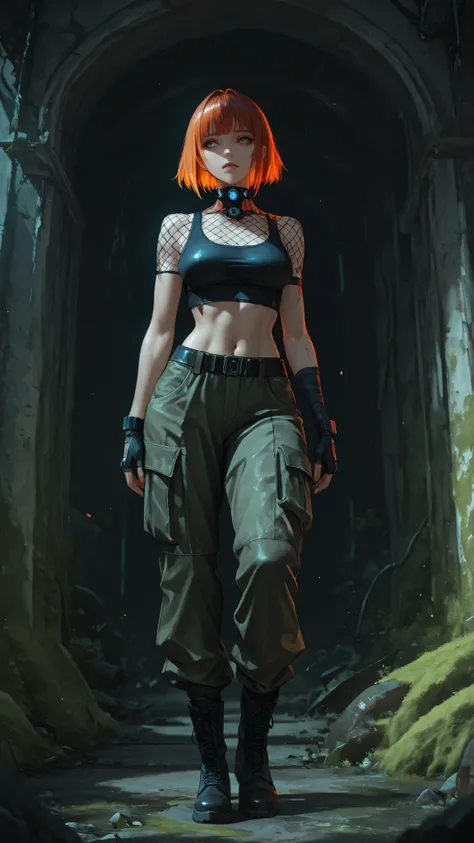 mythic_cyberpunk_style,(masterpiece, detailed:1.2),green eyes,blue eyes,brown eyes,perfecteyes,high quality,attention to detail, girl,22 years old,medium breasts,medium ass,Combat boots, cargo pants, Half Sleeved Crop leather Jacket. Fingerless gloves, sil...