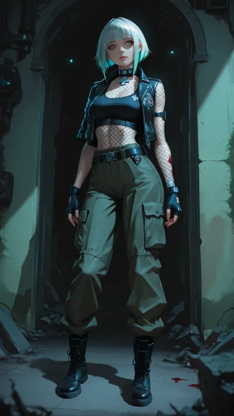 mythic_cyberpunk_style,(masterpiece, detailed:1.2),green eyes,blue eyes,brown eyes,perfecteyes,high quality,attention to detail, girl,22 years old,medium breasts,medium ass,Combat boots, cargo pants, Half Sleeved Crop leather Jacket. Fingerless gloves, sil...