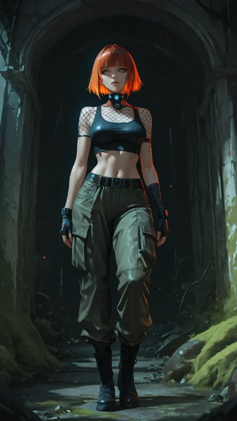 mythic_cyberpunk_style,(masterpiece, detailed:1.2),green eyes,blue eyes,brown eyes,perfecteyes,high quality,attention to detail, girl,22 years old,medium breasts,medium ass,Combat boots, cargo pants, Half Sleeved Crop leather Jacket. Fingerless gloves, sil...