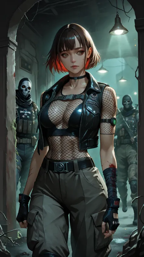 mythic_cyberpunk_style,green eyes,blue eyes,brown eyes,perfecteyes,ghost(modern warfare 2) | soap(modern warfare 2) | konig,masterpiece premium high quality,attention to detail, girl,22 years old,medium breasts,medium ass,Combat boots, cargo pants, Half Sl...