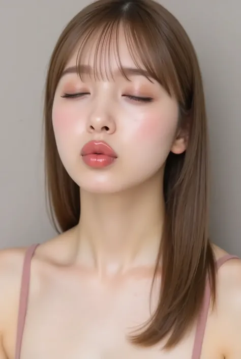 (masterpiece, Highest Quality), Super Detailed, Bust of a beautiful young woman, chest to top, close your eyes, plump lips like a kiss, glossy pink lipstick, soft lighting, Smooth and white skin, natural makeup, Seductive and Lovely Expression, Realistic a...