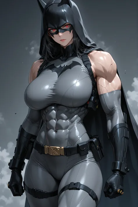 masterpiece, high quality、A woman dressed as Batman、big boobs、with cracked abs, Muscular shoulders,  muscular thighs、Grey Tights、gray skinsuit、utility belt
