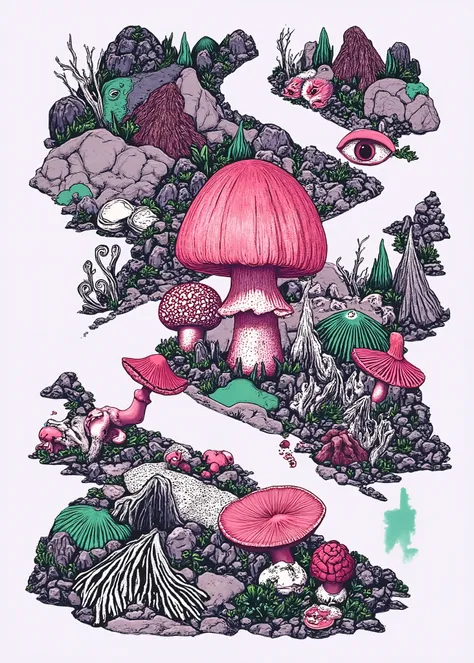 (the best quality)), ((masterpiece)), (detailed), ((Detailed illustration)) Design for t-shirt, chopped view, a path surrounded by rocks, various kinds of giant fungi and giant human eyes (giant mushrooms and giant human eyes between rocks), (the rocks are...