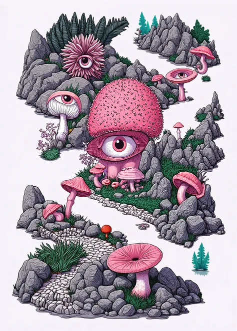 (the best quality)), ((masterpiece)), (detailed), ((Detailed illustration)), chopped view, a path surrounded by rocks, various kinds of giant fungi and giant human eyes (giant mushrooms and giant human eyes between rocks), (the rocks are shaped like rocky ...