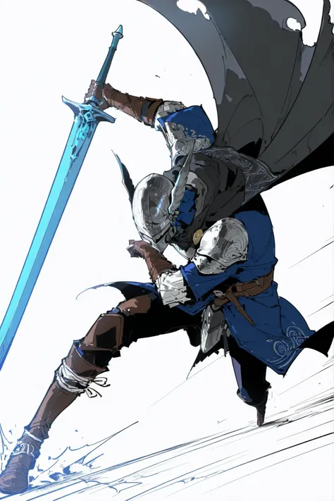 single, male, wylder (nightreign), wld, winged helmet, helm, pauldrons, shoulder armor, armor, full armor, cape, gauntlets, brown belt, huge weapon, greatsword, holding sword, complex sketch, speed line, perspective, dutch angle, white background, 
