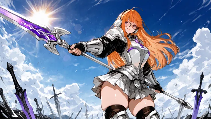 masterpiece, ultra highres, best quality, 1 girl, Futaba Sakura, triumphant victory pose, spear planted firmly beside her, one hand on hip, confident smile, orange hair flowing gracefully in gentle breeze, purple eyes sparkling with accomplishment, head he...