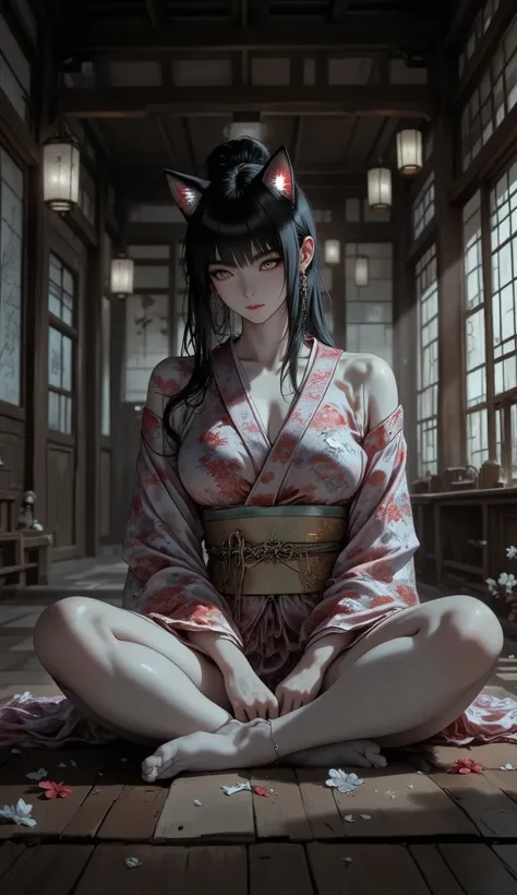 A elf woman, old Japan, Edo period, A fox woman in a kimono is sitting with indian style on the wooden floor in the old Japanese structure and looking at me invitingly, Punk girl, Yoshiwara, Edo period, she is in a kimono who is the eldest of white fox, (s...