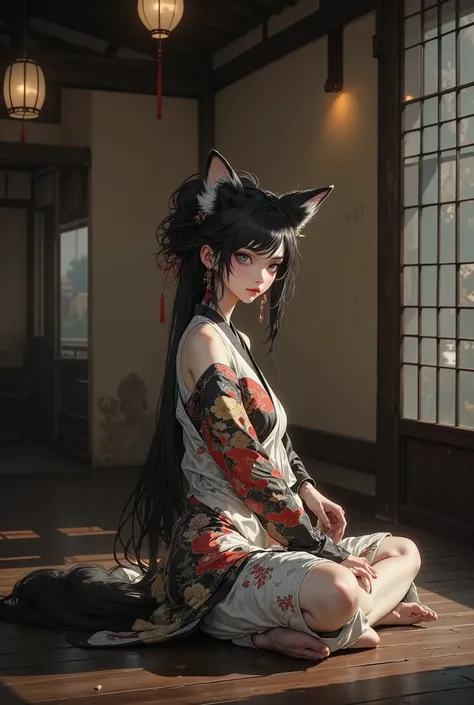 A elf woman, old Japan, Edo period, A fox woman in a kimono is sitting with indian style on the wooden floor in the old Japanese structure and looking at me invitingly, Punk girl, Yoshiwara, Edo period, she is in a kimono who is the eldest of white fox, (s...