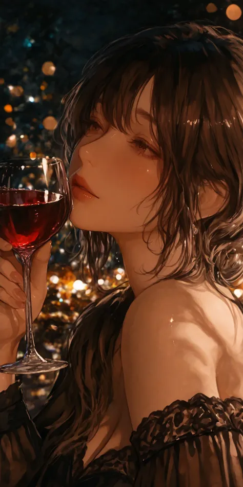 A wine glass reflecting the night light,drinking wine,elegant and charming woman,shiny,Exact Details,Realistic Skin,Refined Style,Bokeh,high quality,4K resolution for hard hair,photo-like realism,Professional,EXTREME DETAILS,Natural Colours,Dark Atmosphere...