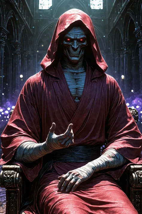 The Elder at the Limit, Looks Like a Mummy, Gender Unknown, Wearing an Old Robe, sitting in luxury chairs, High Quality,4K,8K,ultra-fine detail,Realistic,like the picture,HDR,UHD,Studio Writing,Ultra Fine Paintings,sharp focus,Physically Based Rendering,Pr...