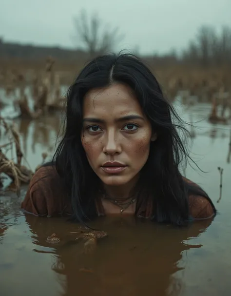 cheyenne woman stuck in mud bog, detailed facial features, melancholic expression, trapped, sinking, 4k, ultra-detailed, realistic, photorealistic, studio lighting, extreme fine detail, professional, vivid colors, dramatic lighting, moody atmosphere, bleak...