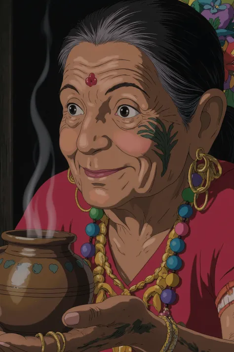 majestic,Elderly women、beautiful face,100 years old、folk costume、deep facial wrinkles、Skin with deep wrinkles、Many gold rings are attached to stretched earlobes、Earlobes are extremely stretched、Many golden rings hang。A vessel with medicinal herbs on the pa...