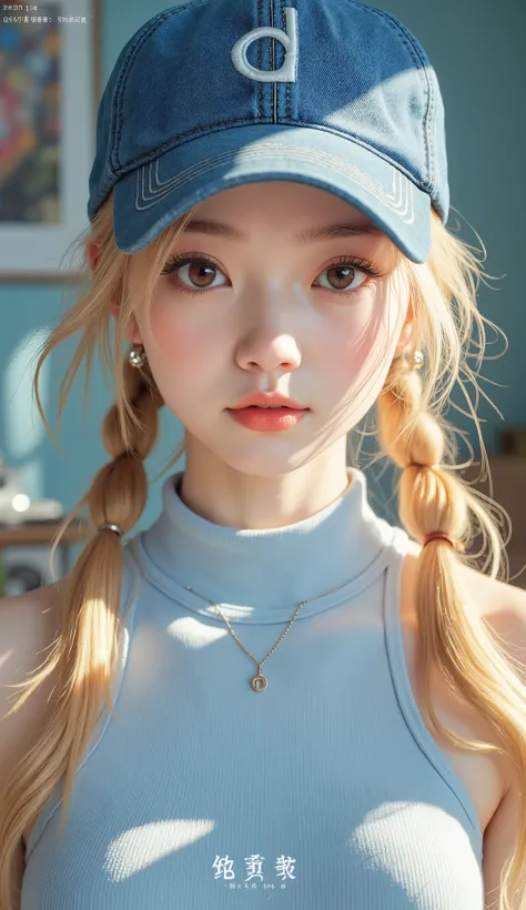 長いブロンドの髪のlikeい女性が、wearing a denim hat embroidered with a simple silver embroidery design, probably「D」letters. Her hair is styled in 2 loose pigtails, tied with a black elastic band, small braids are applied to enhance texture. She is wearing a high-necked ...