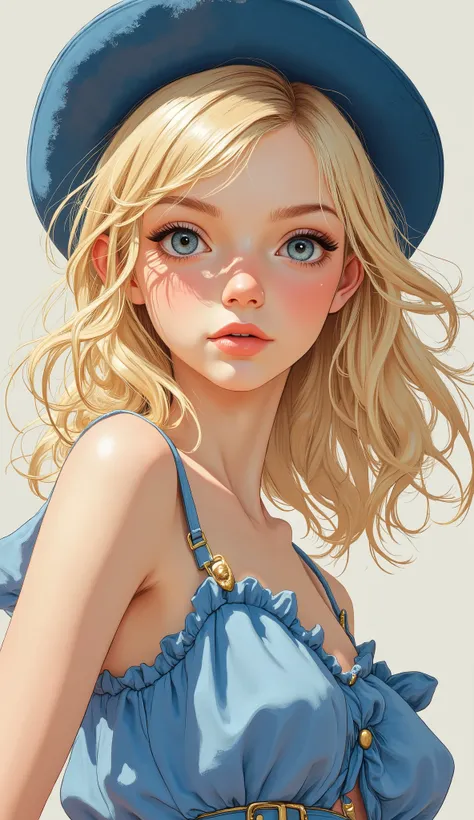 A blond girl in a blue hat and a blue dress poses for a photo, Ultra Realistic Teen , Face like Estelle Esposito, blonde hair and big eyes, Kim Petras Portrait , Very Pretty Face, doll face, Golden Hair Eyeliner, make blue eyes and blond hair suffer, pe...