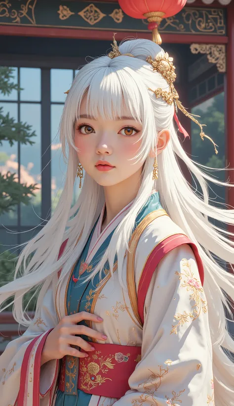 A woman with long blond hair and bangs is posing for a photo, Ancient Chinese Hanfu , full bang, white himecut hairstyle, long hair full bang, Lisa Manovan in blackpink, with bangs, princess cut, her hair is white, long white hairと前髪, long hair with bangs...