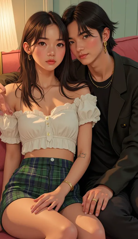 the two are sitting snuggled up, showing a comfortable and intimate posture. The person on the left wears a white off-the-shoulder top with puff sleeves, wearing a high-waisted green and blue plaid miniskirt, On top of a modern and young 々It exudes a nice ...