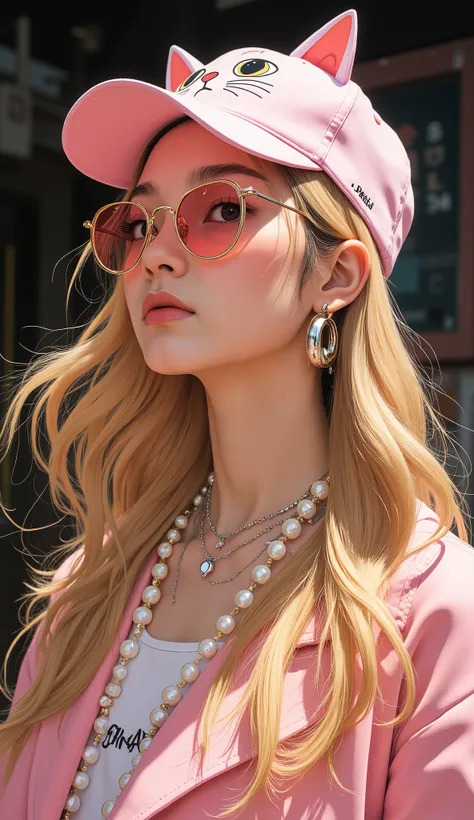 Vivienne Westwood sunglasses gold and gold, wavy hair 、tanned skin、 Japanese Gals、I'm wearing a light pink baseball cap with a design embroidered with cartoon-style cats and words "Stay Pock." This cap has a combination of、The overall look is playful and c...
