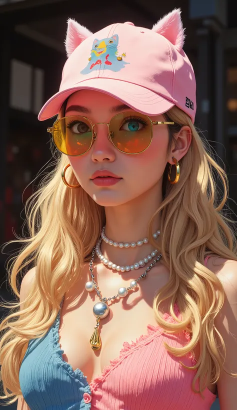 Vivienne Westwood sunglasses gold and gold, wavy hair 、tanned skin、 Japanese Gals、I'm wearing a light pink baseball cap with a design embroidered with cartoon-style cats and words "Stay Pock." This cap has a combination of、The overall look is playful and c...