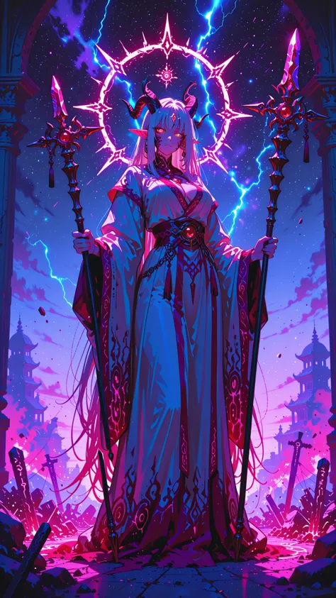 (masterpieces:1.2), (animation style with an oblique line:1.2), Ultimate Elder Archmage, Ancient Dragon-Elf Hybrid, Long Silver White Hair, glowing golden eyes, Elegant Signs of Time on the Face, majestic and timeless expressions, Tall and Slim Body, long,...