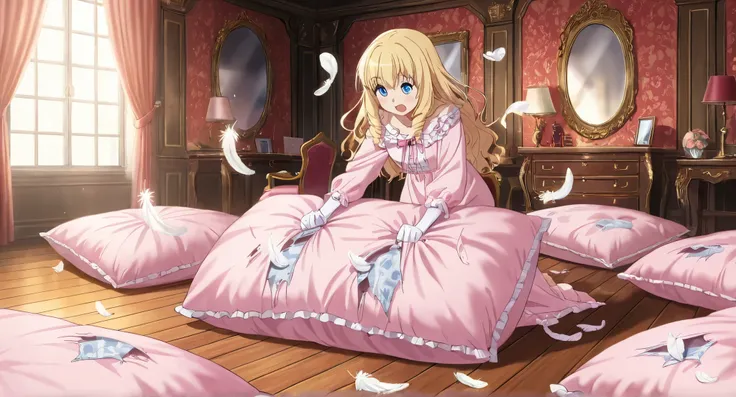 (score_9:0.9),score_8_up,score_7_up,negative_hand, realistic,LatifaPajamas, drill hair, blonde hair, blue eyes, pink pajamas, frills, off shoulders,over elbow glove, underwear, lingerie, panties, satin, 1girl, solo, nsfw, full body, whole body view, open m...