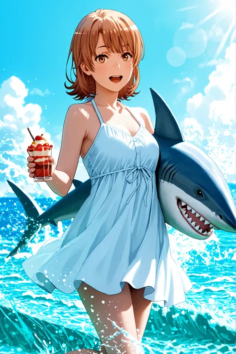 iroha isshiki, short hair, brown hair, brown eyes,,1 girl、Summer Sea、,4K High Resolution,Realistic,Professional,Bright Colors,Bokeh,Dessert,Sandy Beach,clear sky,Blue Sky, White Clouds ,Bright Sunlight,Blue Sea,wave splashes,leeway,relax,happy,positive,Fas...
