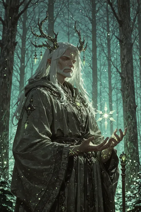 masterpiece, best quality, amazing quality, absurdres, newest, 1 man, old man,ancient elder, mystical forest guardian, humanoid spirit, moss-covered robe, glowing runes on skin, wooden staff with crystal core, long white hair flowing, wise and calm express...