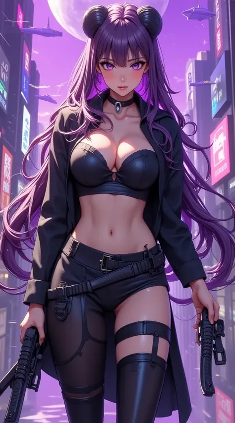  (masterpiece,   computer, mejor quality,  Clear focus, shadow, of the rays of God, ultra high resolution, 8K, anatomía perfecta, Perfect face, (detailed face), (detailed eye), score_9, score_8_above, score_7_above, score_6_above, score_5_above, score_4_above, kilde_ animated, Label 1, Label2, quality_masterpiece,  Anatomically correct , beautiful face, Perfect face, Beautiful and highly detailed face and eyes,   Attractive Face  , detailed face, delicate facial features, bare shoulders, enormes pechos, breast size cup D or DD, wide hips, gigantic butt, thick thighs. watching the spectator. fantastic environment. Anime-style illustration with elegant, slim build and pronounced bust, futuristic warrior with cyberpunk aesthetics, standing in an imposing position in front of a purple background with geometric patterns. has a feminine appearance, with long hair partially shaved on one side, and sports two horns dark ones in the head that reinforce a demonic air. Her expression is serious and challenging. He wears a tight black suit with tactical and futuristic details, with metal shoulder straps and belts that hold several weapon cases. She wears three katanas around her waist and back, In addition to holding one in her right hand. The background is a futuristic city with flying ships, creating a sci-fi environment. highly detailed style, with a realistic 3D finish, shadows suaves y estética de arte conceptual para videojuegos.