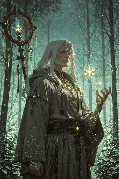 masterpiece, best quality, amazing quality, absurdres, newest, 1 man, old man,ancient elder, mystical forest guardian, humanoid spirit, moss-covered robe, glowing runes on skin, wooden staff with crystal core, long white hair flowing, wise and calm express...