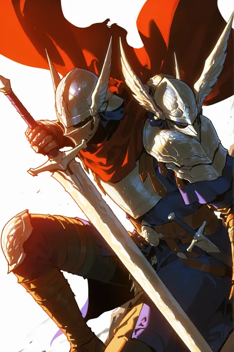 single, male, wylder (nightreign), wld, winged helmet, helm, pauldrons, shoulder armor, armor, full armor, cape, gauntlets, brown belt, greatsword, sitting while holding sword on his shoulder, simple pose, dutch angle, white background, upperbody only, upp...