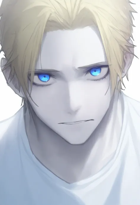 Boy, blonde hair, blue eyes, cold sharp features, white skin, handsome, perfect, gorgeous, wearing a shirt, stylish, front look, bright colors, high quality resolution .
