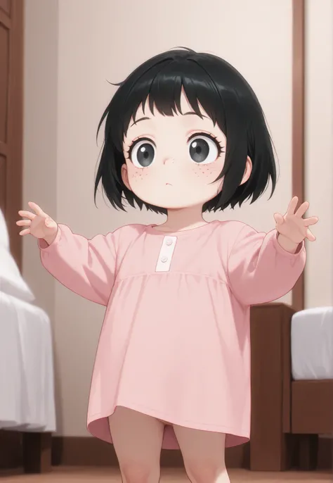 masterpiece, best quality, newest, safe, good anatomy, good resolution, Good Lighting. beautiful, anime, . Little girl, Black Hair and Short Hair. black. black eyelashes, piel clara, freckles on cheeks. Adorable 6-8 month old baby. watching the spectator,...