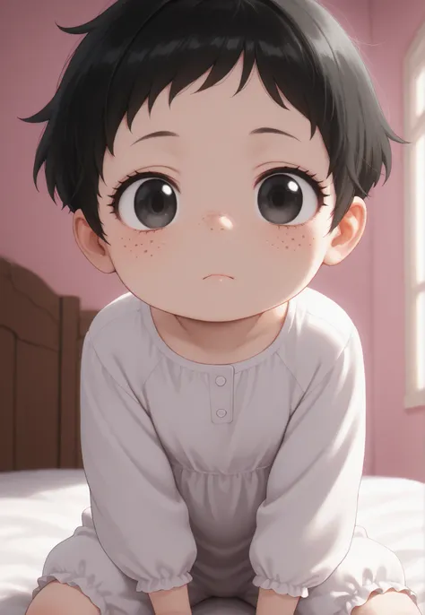 Masterpiece, Best Quality, Newest, Safe, Good Anatomy, Good Resolution, Good Lighting. Beautiful, Anime, Normal. Baby Girl, Black Hair and Short Pixie Hair. Black Eyes. Black Eyelashes, Light Skin, Freckles on Cheeks. She is an adorable 6-8 month old baby....