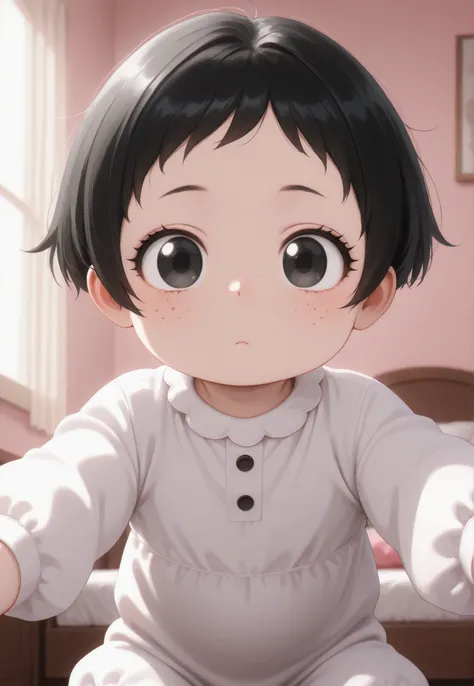Masterpiece, Best Quality, Newest, Safe, Good Anatomy, Good Resolution, Good Lighting. Beautiful, Anime, Normal. Baby Girl, Black Hair and Short Pixie Hair. Black Eyes. Black Eyelashes, Light Skin, Freckles on Cheeks. She is an adorable 6-8 month old baby....