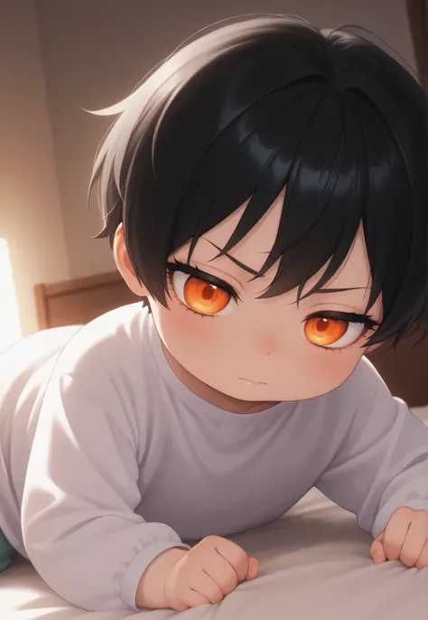 masterpiece, best quality, newest, safe, good anatomy, good resolution, Good Lighting. beautiful, anime, . child, Black Hair and Short Hair. Deep Orange Eyes Dress. black eyelashes, piel clara. Adorable 6-8 month old baby. watching the spectator, Alone, b...