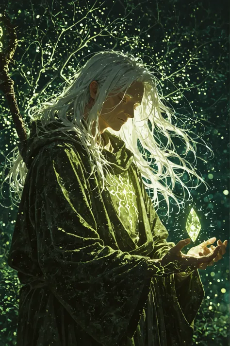 masterpiece, best quality, amazing quality, absurdres, newest, 1 man, old man,ancient elder, mystical forest guardian, humanoid spirit, moss-covered robe, glowing runes on skin, wooden staff with crystal core, long white hair flowing, wise and calm express...